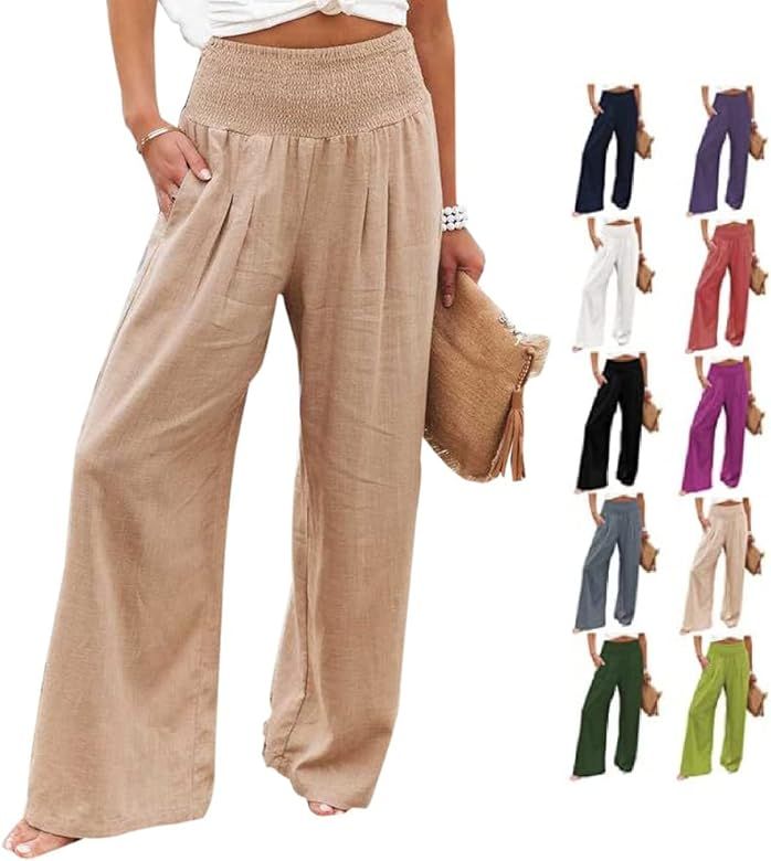 beega Women Cotton Linen Palazzo Pants Pocketed Smocked Yoga Pant High Waisted Wide Leg Long Loun... | Amazon (US)