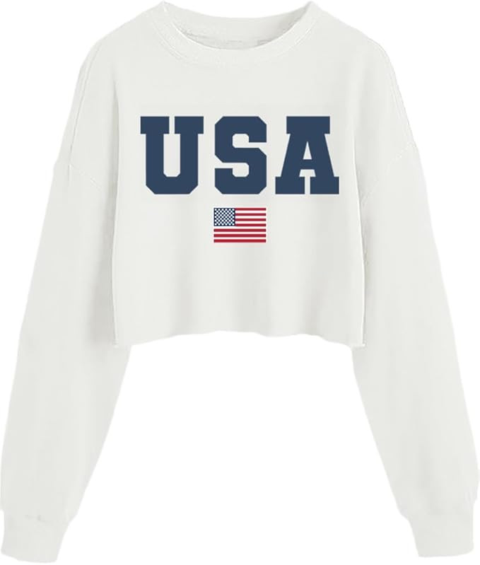 Womens USA Long Sleeve Crop Top American Flag Pullover Shirt 4th of July | Amazon (US)