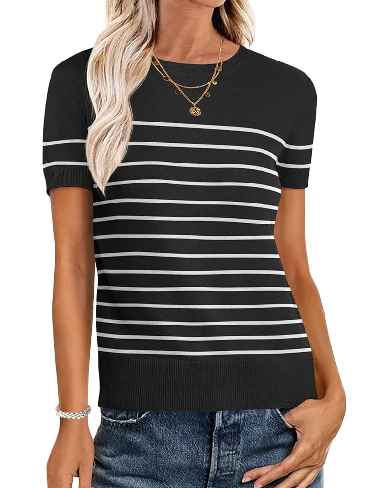 ANRABESS Womens Short Sleeve Sweaters Wool Blend Crew Neck Sweater Shirts Business Casual Work To... | Amazon (US)