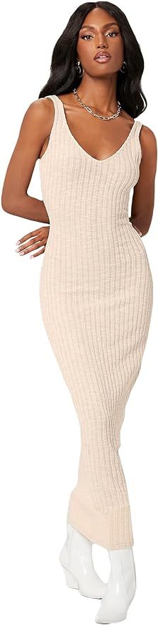 Floerns Women's Solid Sleeveless Mesh Ribbed Knit Bodycon Maxi Tank Dress | Amazon (US)