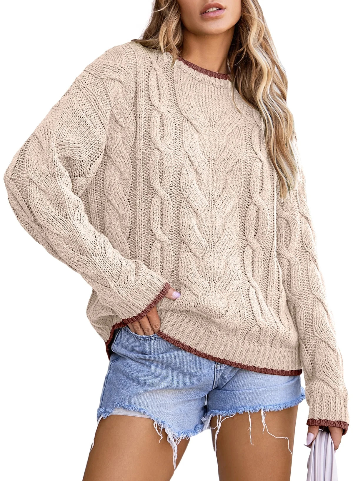 Eytino Sweaters for Women Cable Knit Chunky Pullover Sweater Casual Crewneck Long Sleeve Color Bl... | Walmart (US)