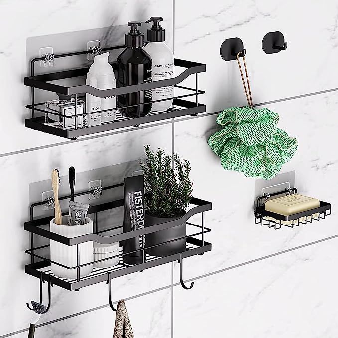 AJayHao 3-Pack Shower Caddy Shelf with Adhesives, 6 Hooks, Soap Dish, Wall Mounted Rustproof Bath... | Amazon (US)