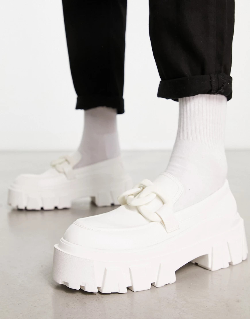 ASOS DESIGN chunky sole loafers in white faux leather with chain detail | ASOS (Global)
