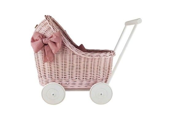 Wiklibox wicker & beech wood doll's pram in PINK color and WHITE base + bedding and bows | Etsy (US)