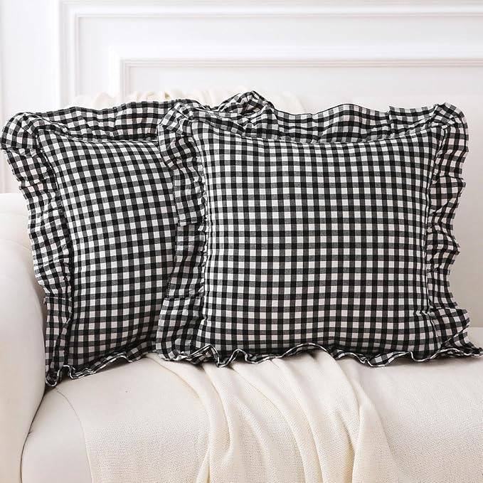 2 Pack Black White Plaid Ruffle Gingham Throw Pillow Covers, 100% Washed Cotton Buffalo Checkered... | Amazon (US)