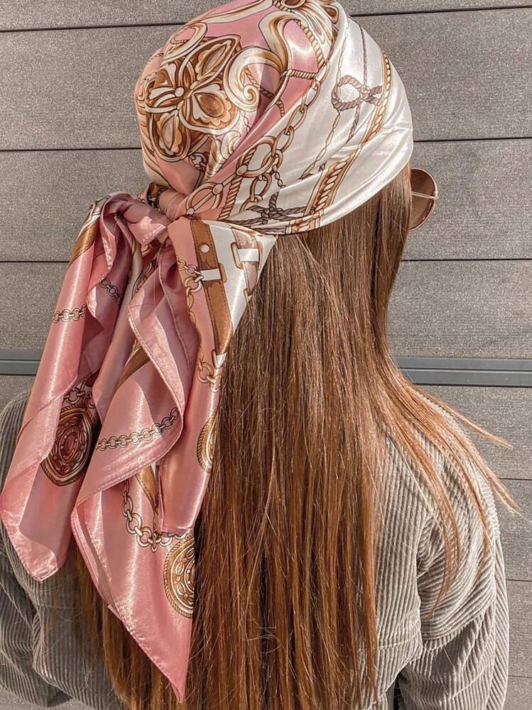 1pc Women's Light Pink Printed Satin Square Scarf, Fashionable Outdoor Headband Hair Scarf Suitab... | SHEIN