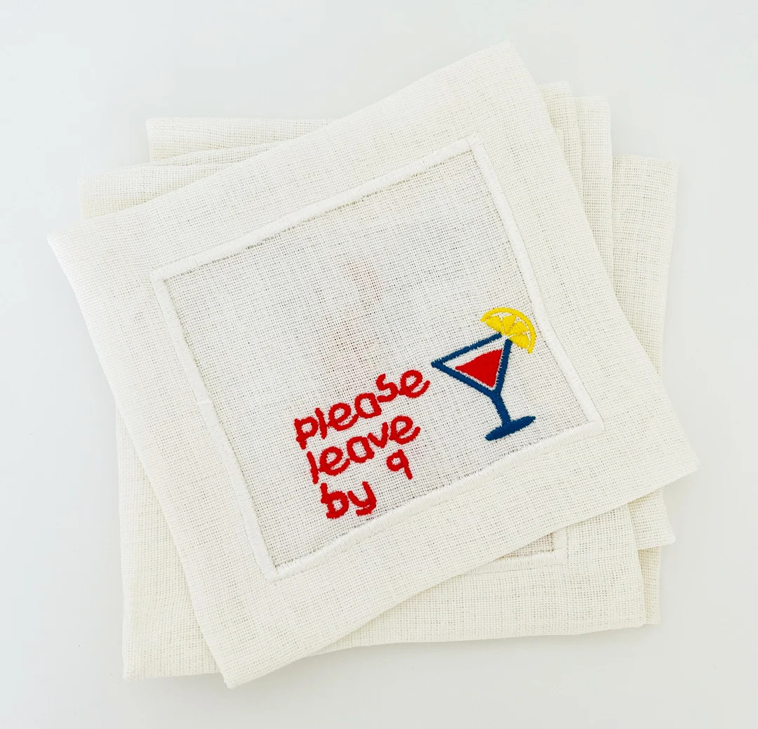 Embroidered Linen Cocktail Napkins Set Of 4/Please Leave By 9/ Funny Housewarming Gift/ Hostess G... | Etsy (DACH)
