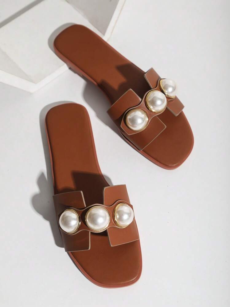 Fashionable Pearl Decor Square Toe Women Flat Sandals | SHEIN