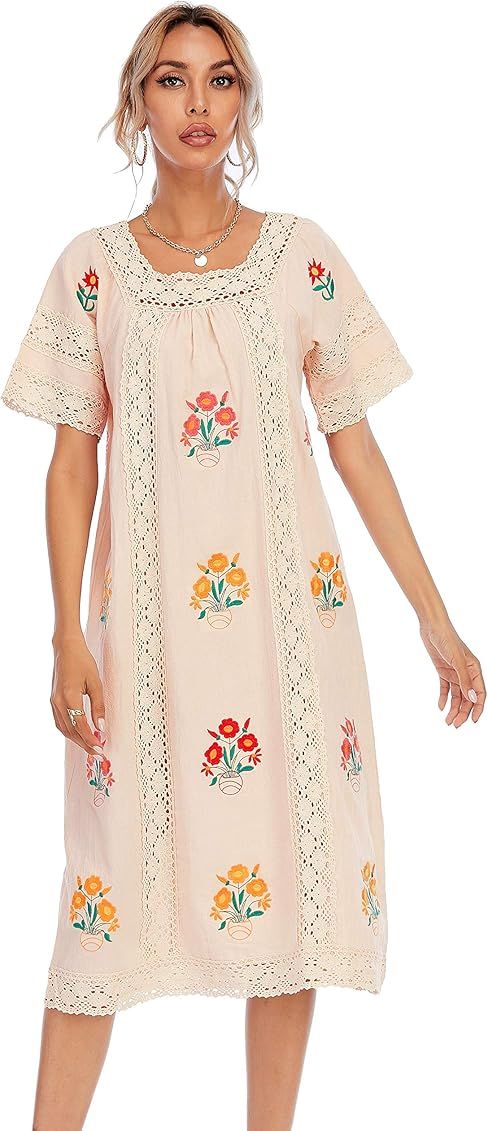 R.Vivimos Women Short Sleeve Summer Floral Embroidery Lace Hollow Out Bohemian Cotton Linen Midi Dre | Amazon (US)