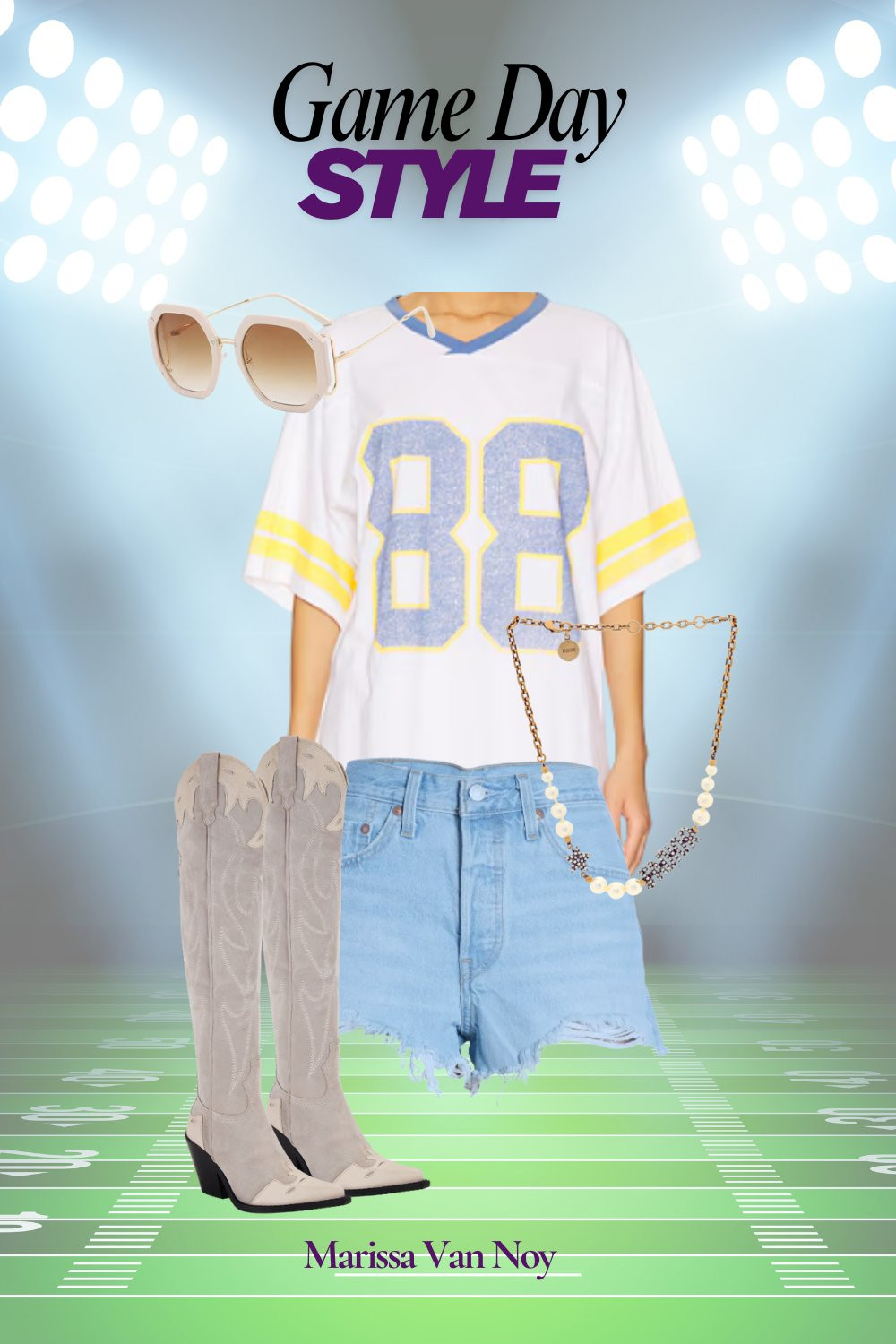 Mood board for my first home game look of this season.  💜🐦‍⬛ Linked my exact Free People thigh high suede cowboy boots and Levi’s cutoff shorts. My oversized sunglasses are vintage Dior and my custom number jersey is Judith March. 

 

#LTKShoeCrush #LTKSeasonal #LTKStyleTip