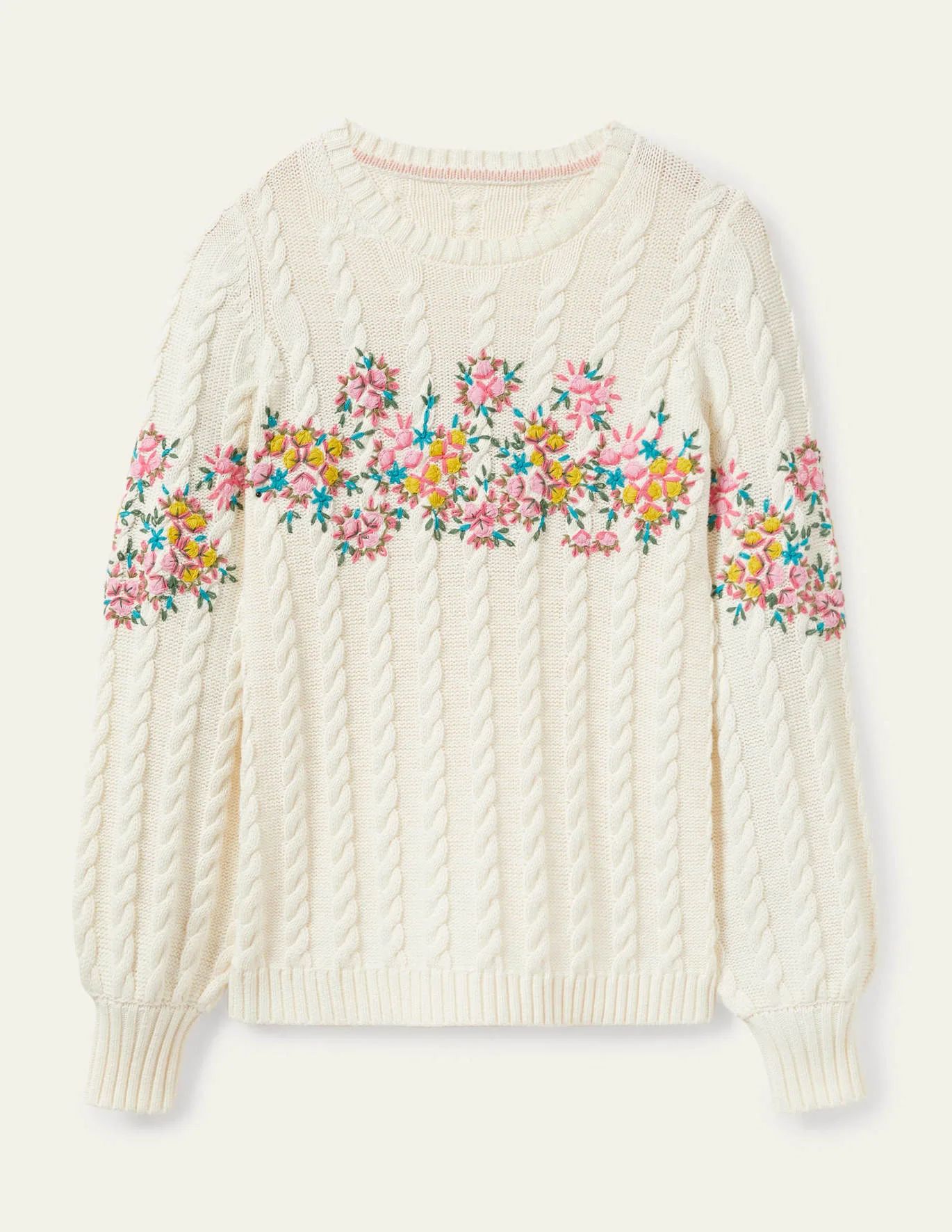 Embroidered Cable Sweater - Ivory/Floral Embroidery | Boden US | Boden (US)