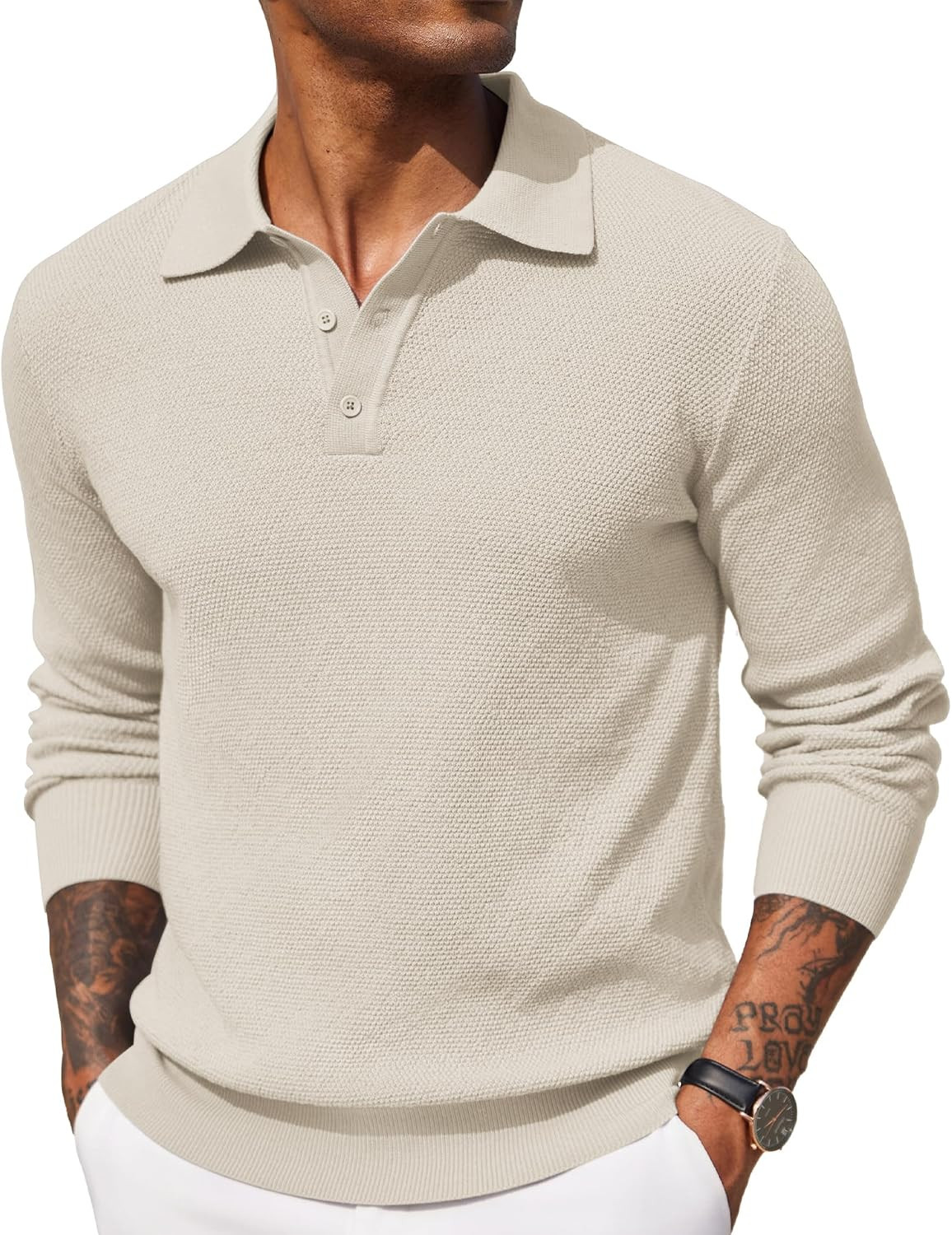 COOFANDY Men's Knit Polo Shirt Long Sleeve Waffle Textured Polo Sweater | Amazon (US)