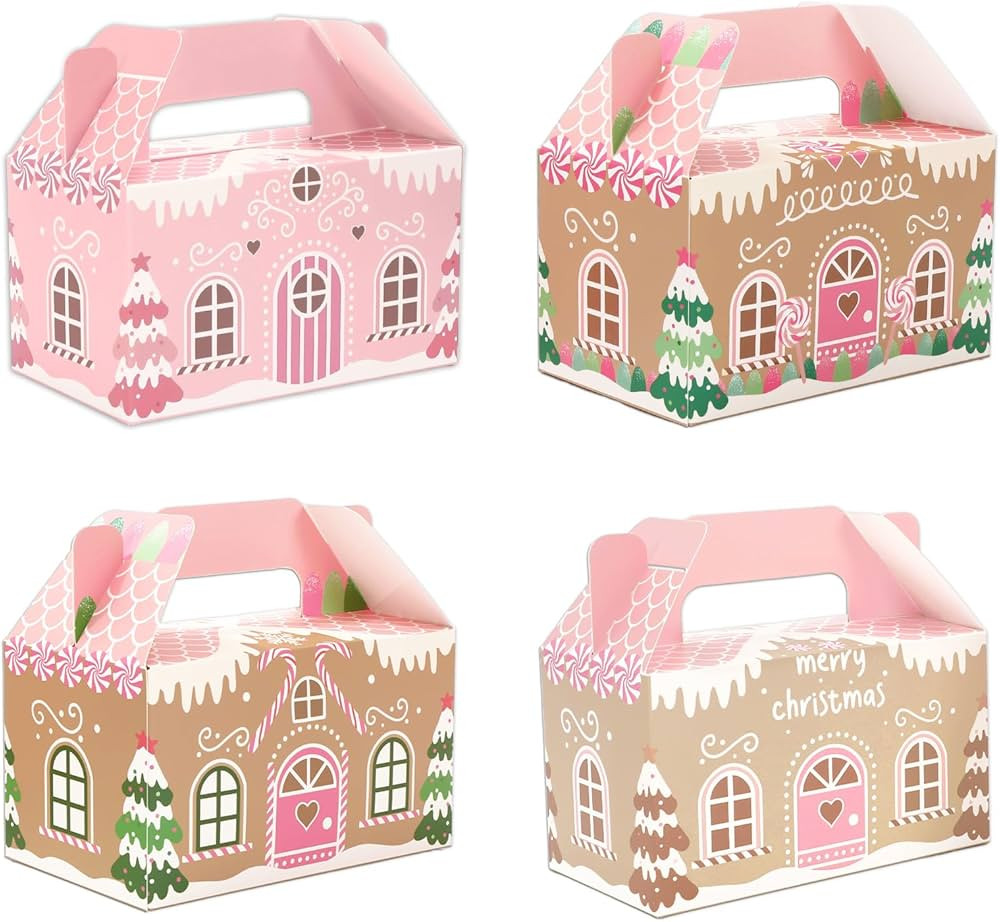 Whaline 24Pcs Christmas Treat Boxes with Handles Pink Gingerbread House Goodie Candy Bags Xmas Gable Paper Gift Containers for Cookie Snack Present Party Favor Supplies, 4 Designs | Amazon (US)