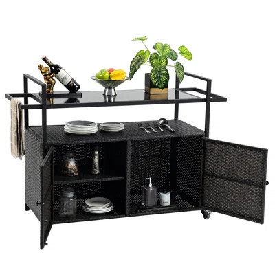 Outdoor Bar Cart With Storage - Black, Wheels And Glass Top For Patio, Backyard, Garden Backyard Beverage Serving Garden, Poolside Drinking | Wayfair North America