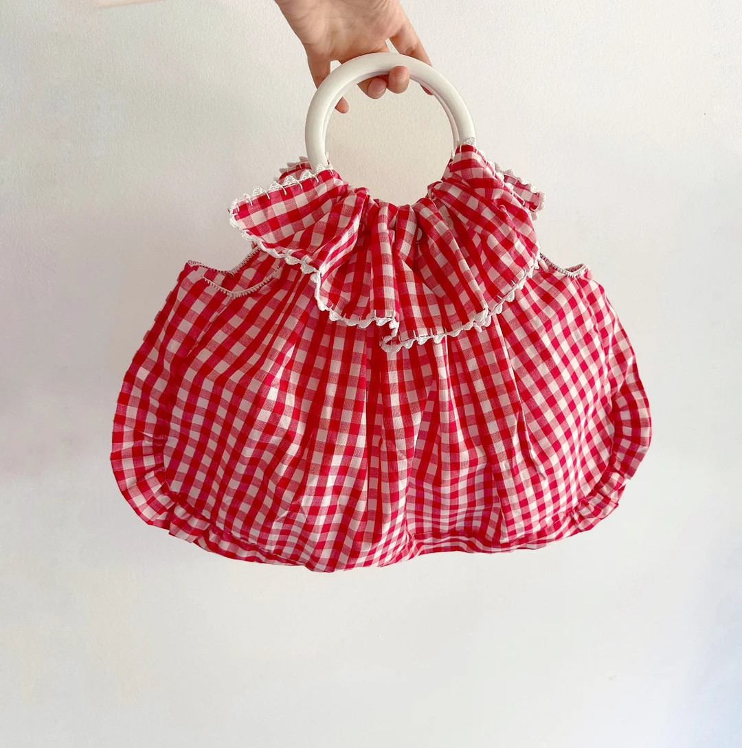 Vintage Red Gingham Cotton Bag With Ruffled Top and Buttons - Etsy | Etsy (US)