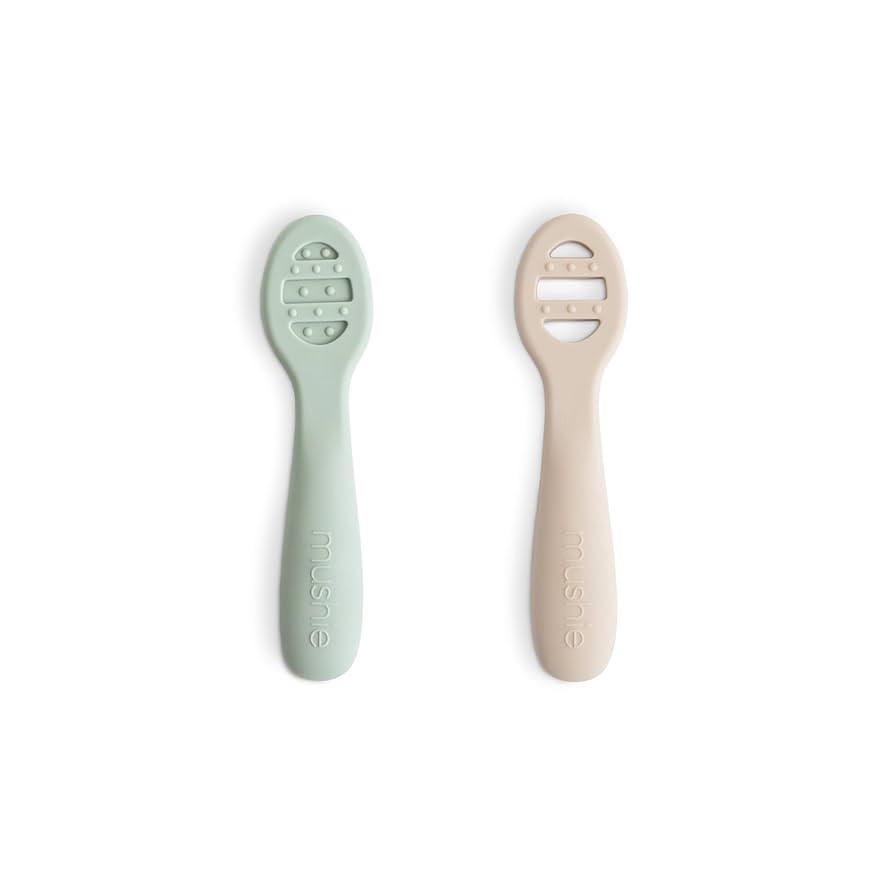 mushie Silicone First Feeding Baby Spoons | 2 Pack (Cambridge Blue/Shifting Sand) | Amazon (US)