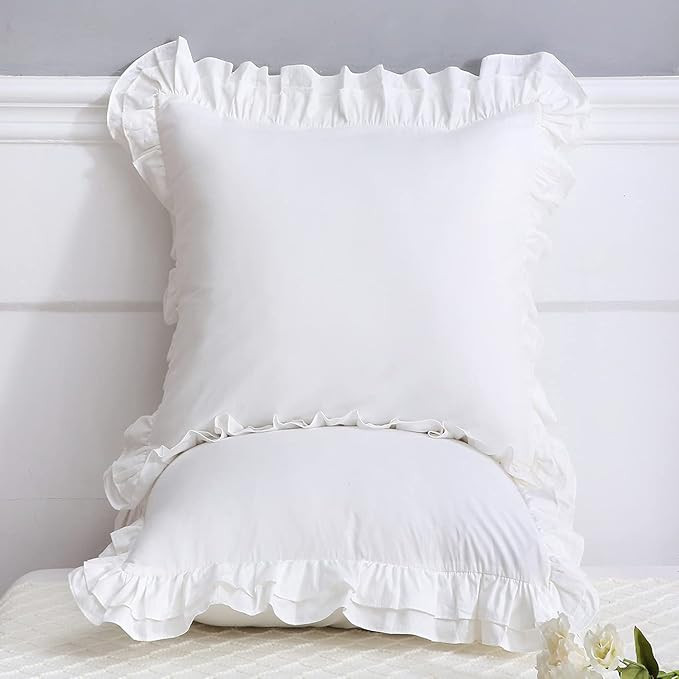 YOKKITA Shabby White Ruffle Euro Pillow Sham Covers Set of 2, Cotton Pillow Shams 26x26 inches Fr... | Amazon (US)