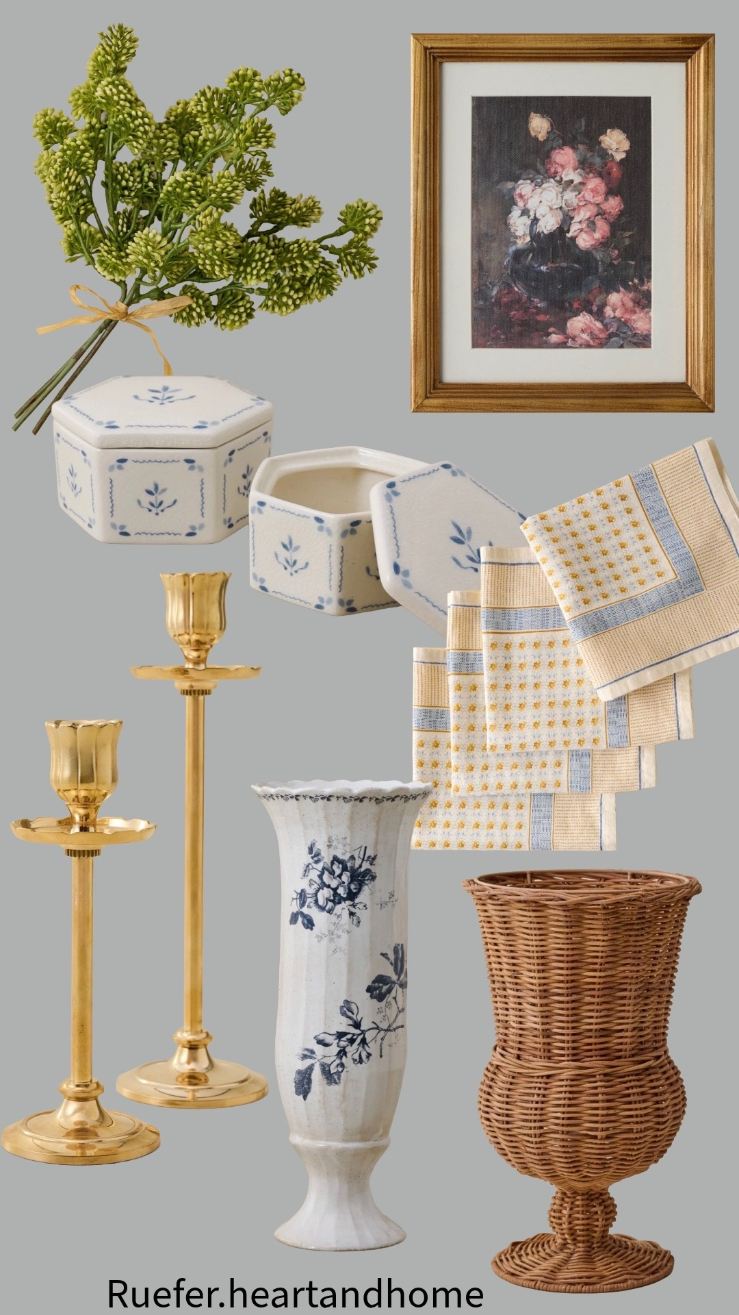 Under $40 home decor finds from Magnolia. Gold candlestick, napkins, artificial sedum stems, framed floral art, blue ceramic decorative canisters, blue vase, wicker vase

#LTKHome #LTKSaleAlert #LTKSeasonal