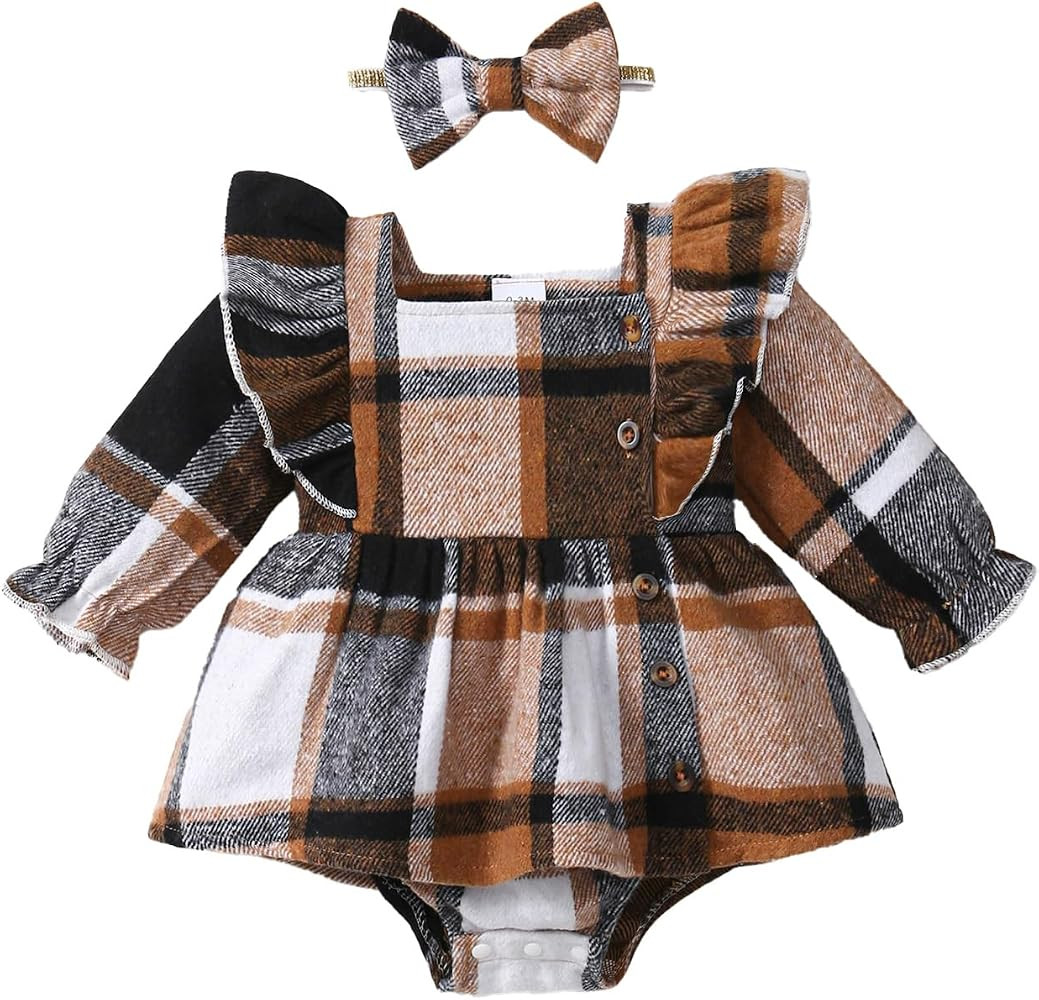 Baby Girl Fall Clothes Newborn Long Sleeve Plaid Romper Button Ruffle Dress Winter Outfit with Bo... | Amazon (US)