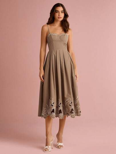 Summer Romantic Women's Elegant Deep Khaki Hollow-Out Embroidery Slip Midi Dress,Sweet&Elegant Fo... | SHEIN