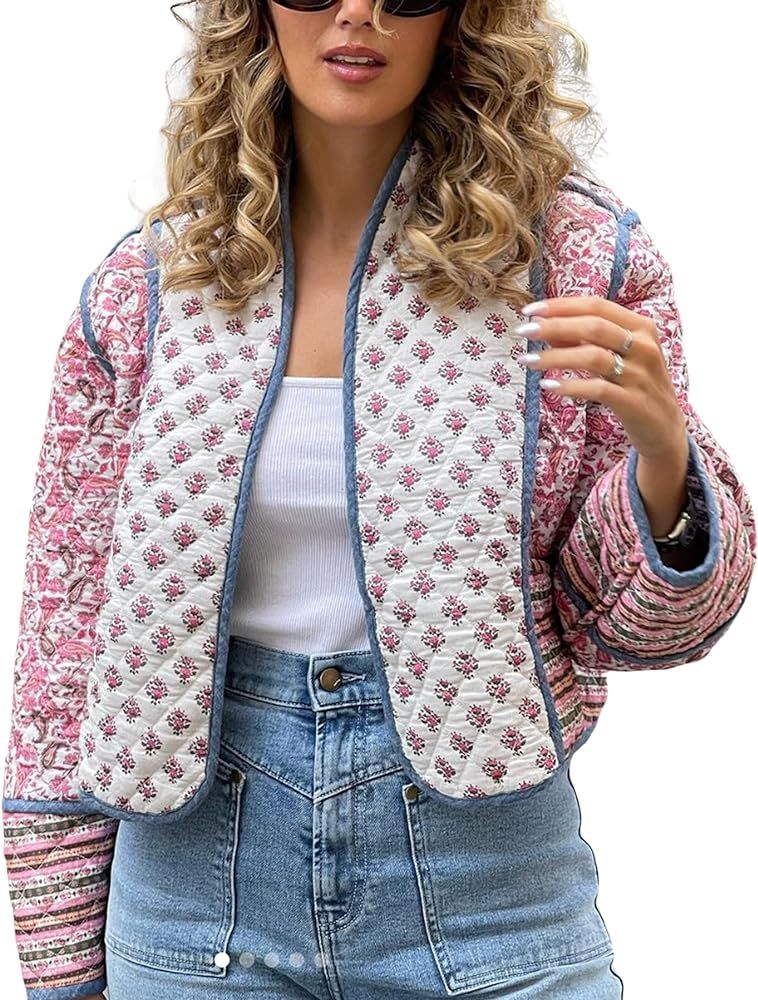 Omoone Women's Cropped Puffer Jacket Cardigan Floral Printed Lightweight Open Front Short Padded ... | Amazon (US)