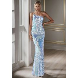 One-Shoulder Leaf Sequined Mermaid Gown in Blue | Chicwish