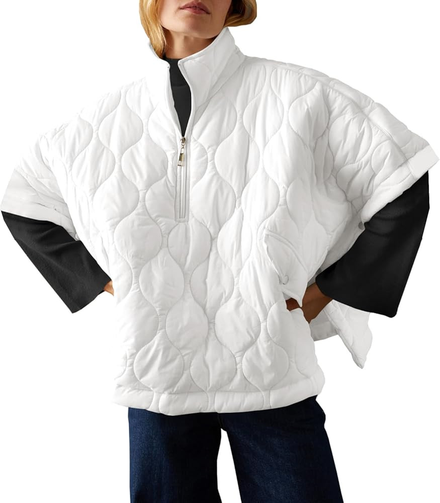 Fazortev Women's Puffer Poncho Pullover Quilted Jacket Short Sleeve Half Zipper Coat Cape Outerwe... | Amazon (US)