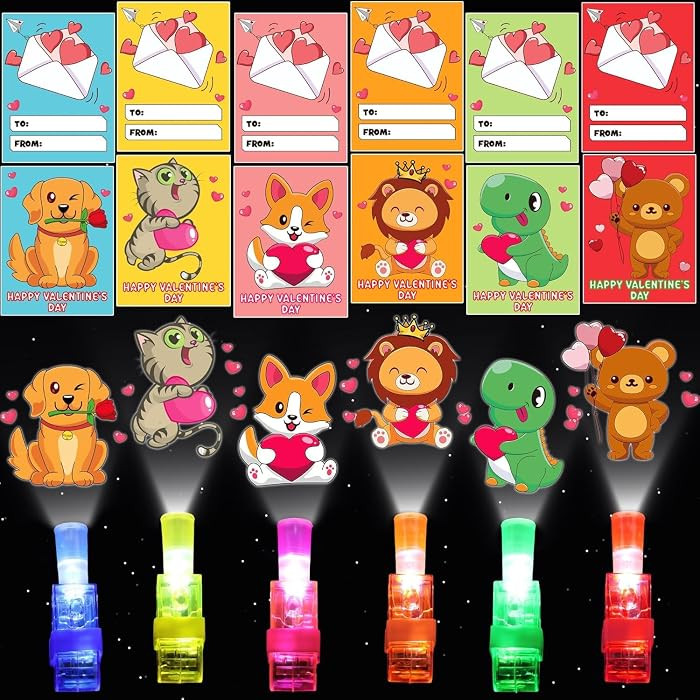 30 Pack Valentines Day Gifts for Kids Classroom Animal Finger Lights Toys with Valentine Day Card... | Amazon (US)