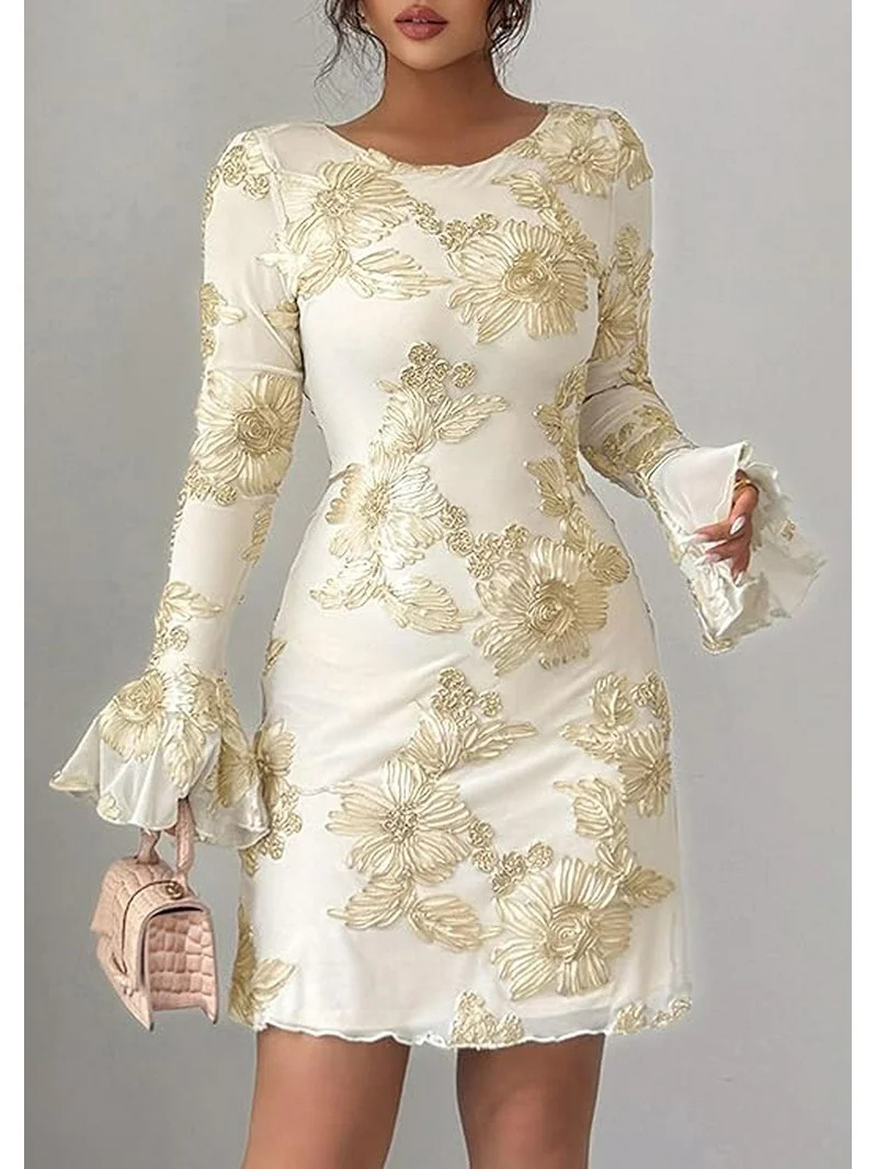 PRETTYGARDEN Women's Floral Embroidered Dress Fall Long Bell Sleeve Ribbon Flower Mini Short Mesh... | Walmart (US)