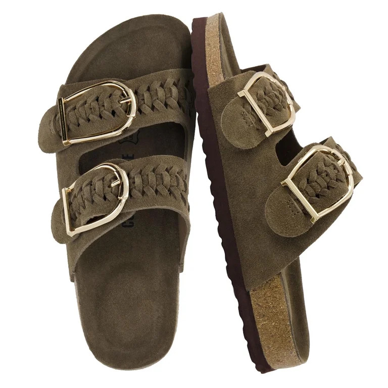 Cushionaire Cashew Slip On Genuine Suede Leather Womens Sandals - Braided Double-Strap Design wit... | Walmart (US)