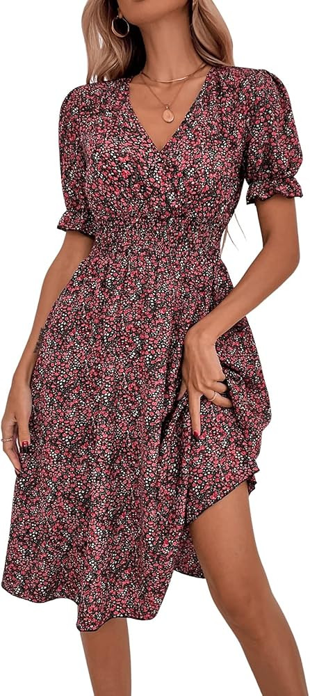 SweatyRocks Women's Boho Floral V Neck Dress Puff Sleeve Shirred A Line Midi Dresses | Amazon (US)