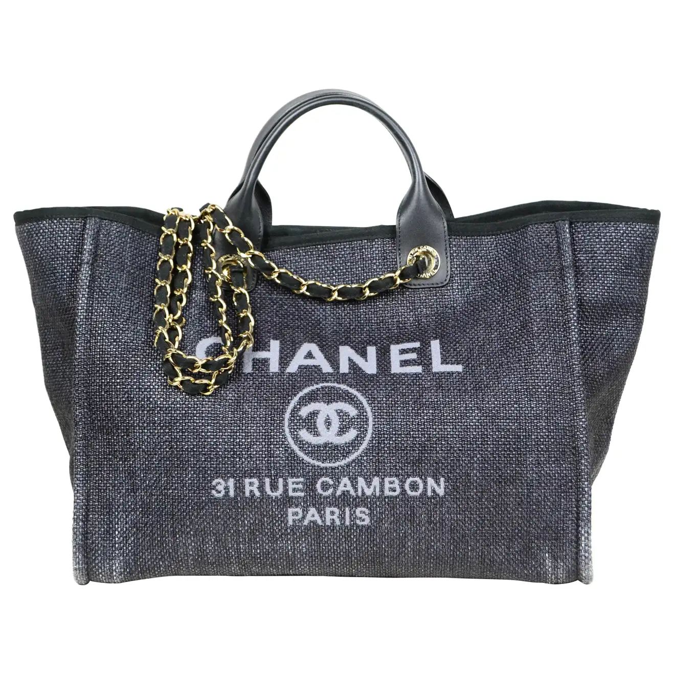 Chanel Black Woven Straw Raffia Medium Deauville Tote Bag | 1stDibs