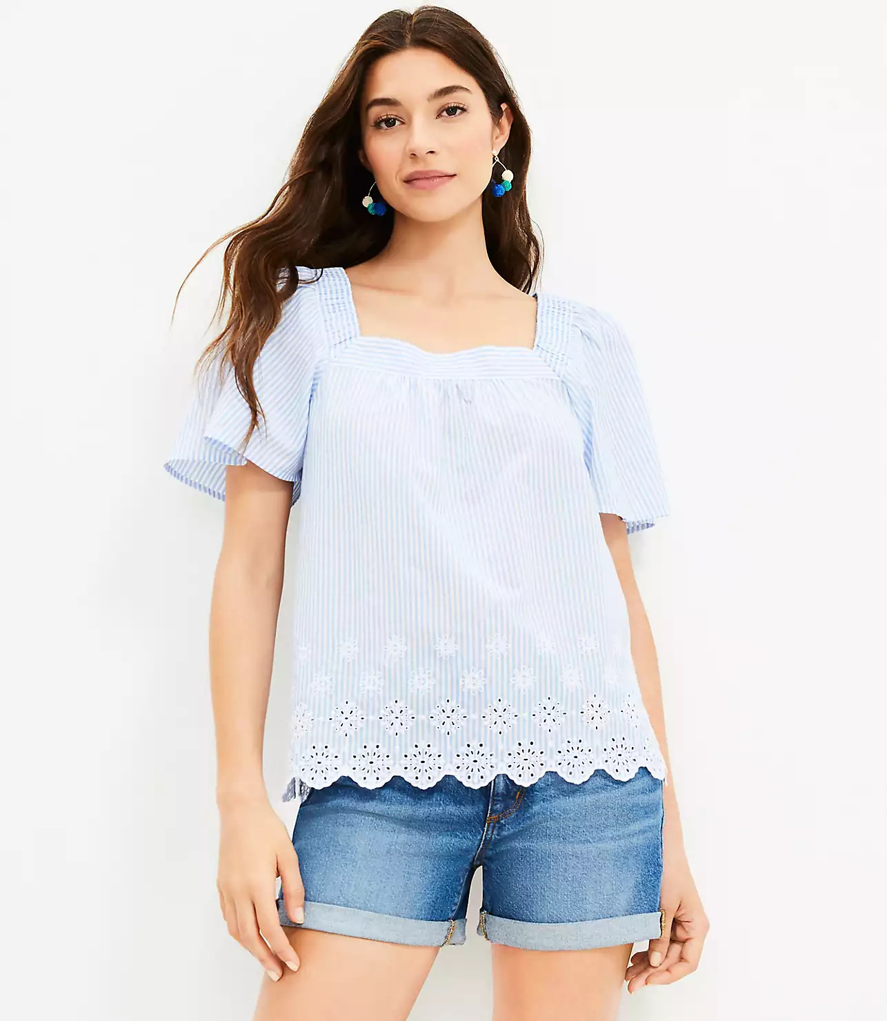 Petite Eyelet Stripe Square Neck Top | LOFT