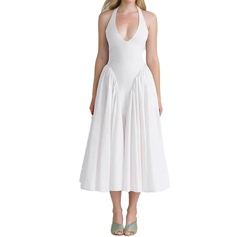 Women's Summer V-Neck Maxi Dress Elegant Halter Solid Color Sleeveless Backless A-Line Bodycon Lo... | Amazon (US)