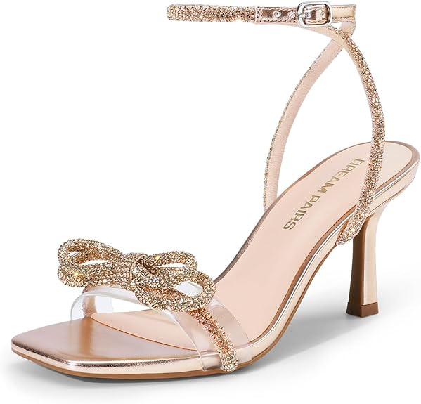 DREAM PAIRS Women's Double Bowknots Heels Open Square Toe Ankle Strap Crystal Rhinestone Dress Sa... | Amazon (US)