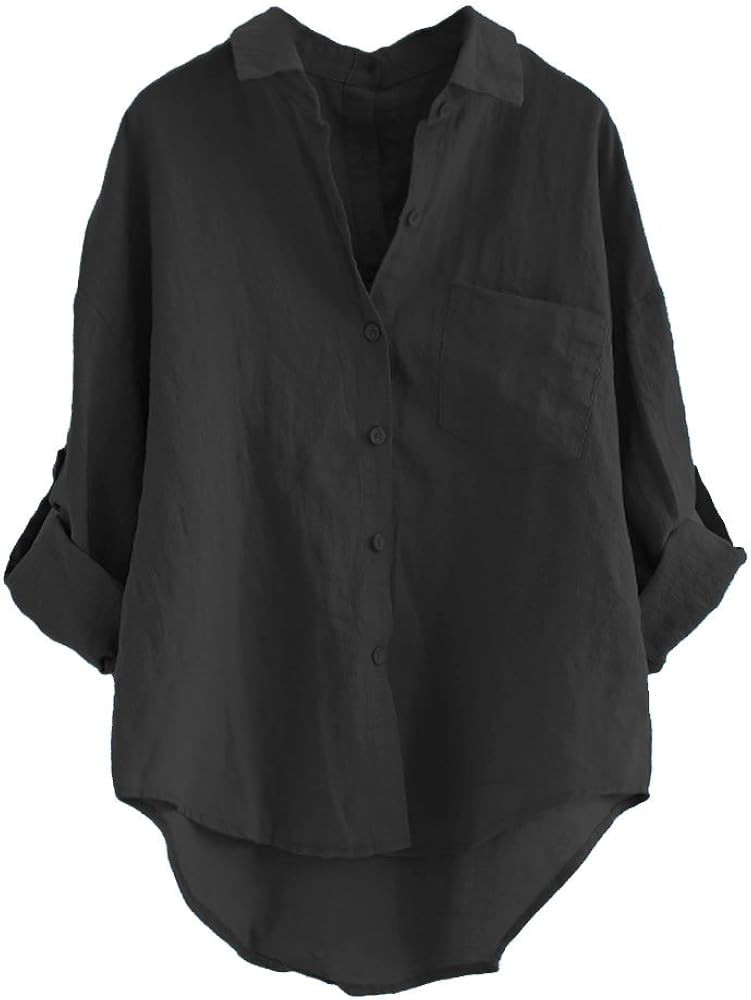 Minibee Women's Linen Blouse High Low Shirt Roll-Up Sleeve Tops | Amazon (US)