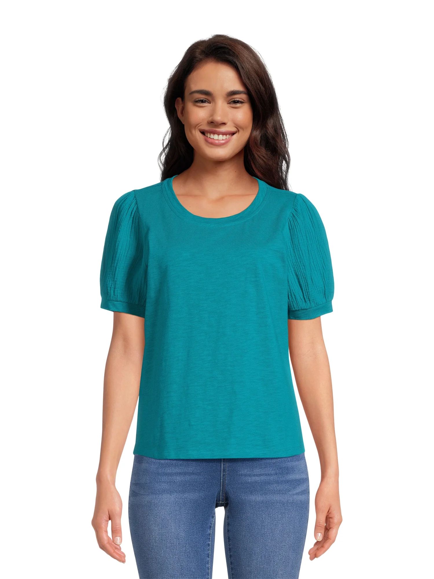 Time and Tru Women's Cotton Top with Puff Sleeves, Sizes XS-XXXL | Walmart (US)