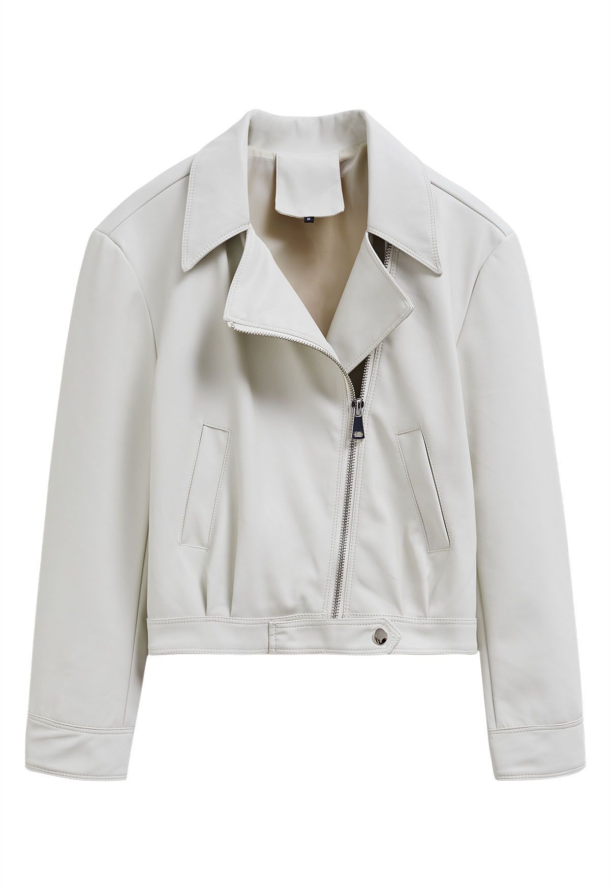 Diagonal Zip Up Faux Leather Jacket in Ivory | Chicwish