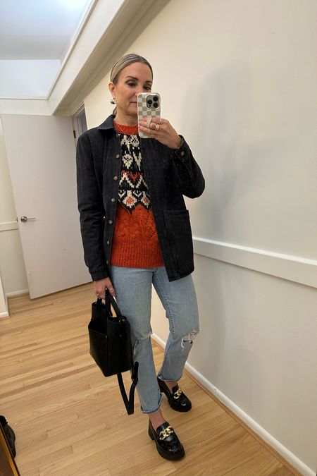 Fall outfit of the day! Fair isle sweater, black denim shacket, Levi’s wedgie jeans, black loafers, black crossbody bag. Kohls, Sezane, Portland leather, winter style

#LTKfindsunder50 #LTKworkwear #LTKsalealert