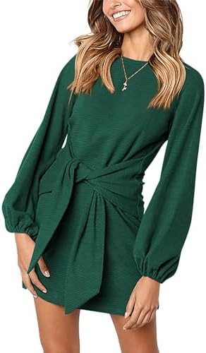 PRETTYGARDEN Womens Spring Elegant Long Lantern Sleeve Short Dress Wedding Guest Crewneck Tie Wai... | Amazon (US)