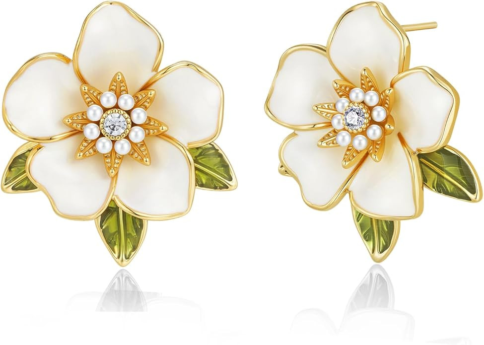 White Enamel Gold Dainty Chunky Enamel CZ Floral Green Leaf Statement Earrings for Women by SNGIA... | Amazon (US)