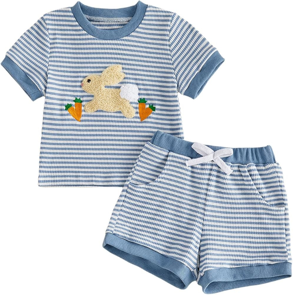 Toddler Baby Boy Easter Outfit Waffle Stripe Bunny Carrot Print Short Sleeve Shirt and Shorts Set... | Amazon (US)