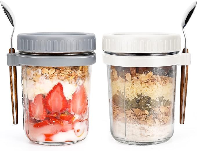 Overnight Oats Jars with Spoon and Lid 16 oz [2 Pack], Airtight Oatmeal Container with Measuremen... | Amazon (US)