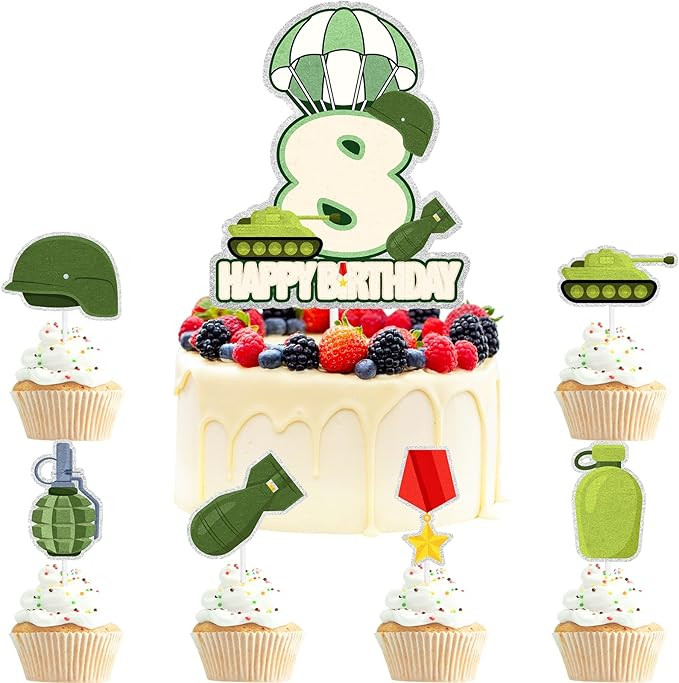 Military Cake Toppers Set of 7 Camouflage-Themed Kids 8th Happy Birthday Army Air Force, Military... | Amazon (US)