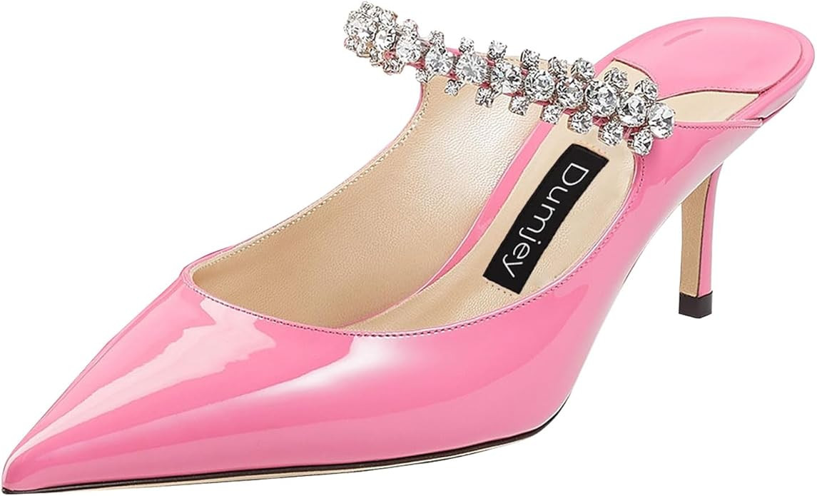 Dumjey Women Heel Mules Pointy Toe Stiletto Mid Heels Crystals Pumps Slip On Bridal Rhinestones S... | Amazon (US)