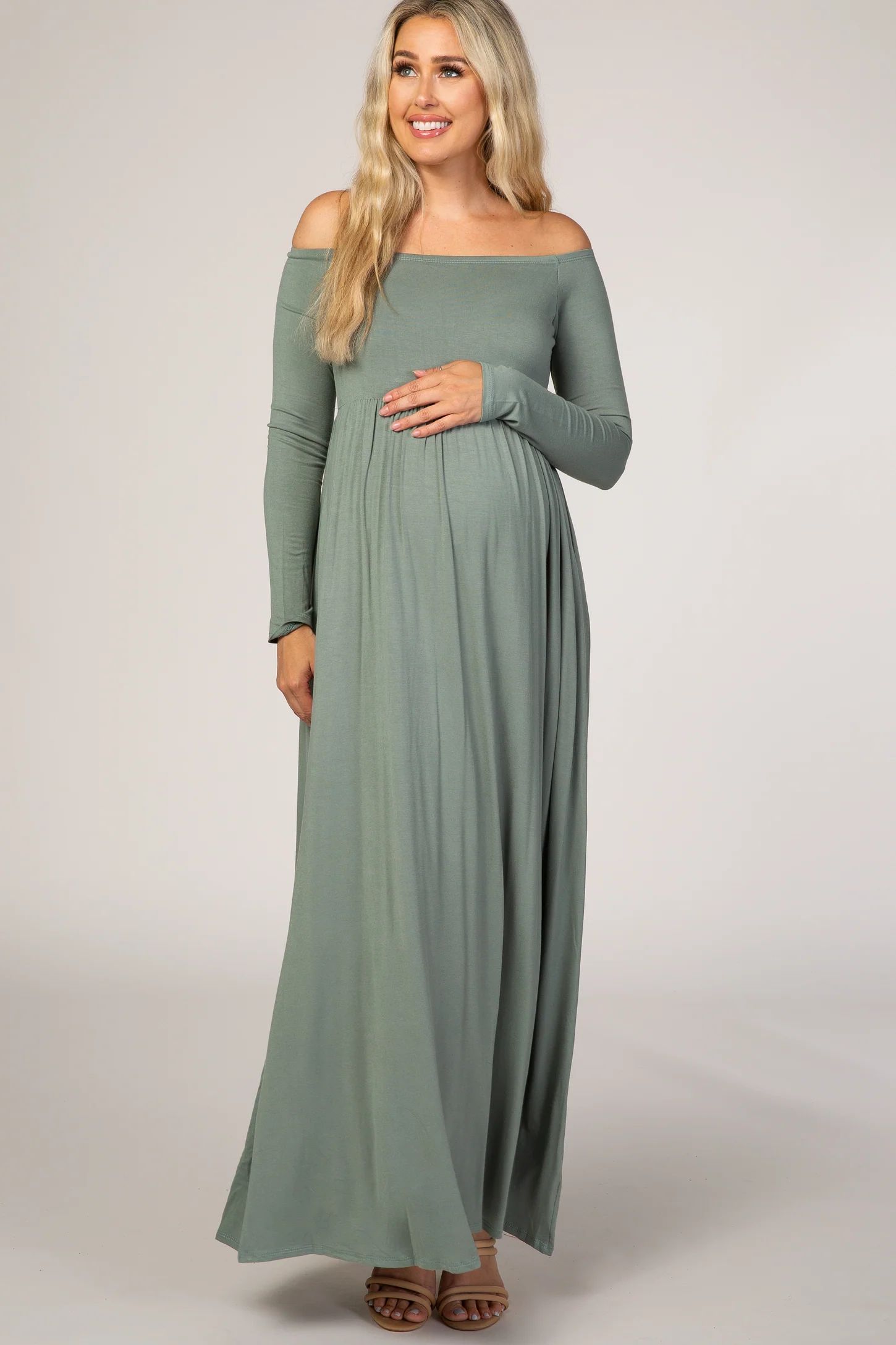 Sage Off Shoulder Long Sleeve Maternity Maxi Dress | PinkBlush Maternity