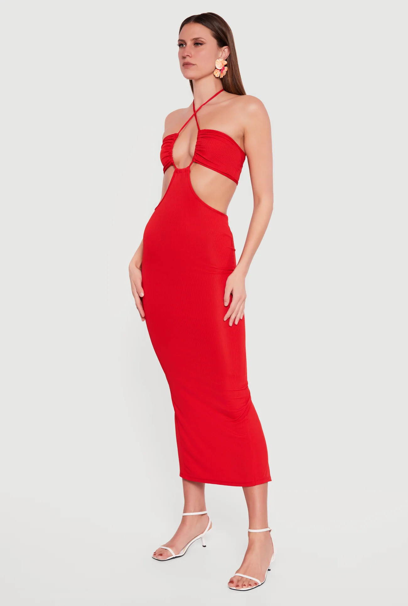 Rib Knit Cutout Halter Maxi Dress | Rainbow Shops