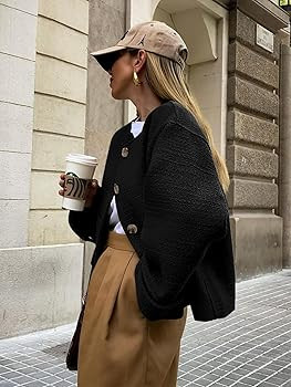 Tweed Jackets for Women Fall Long Sleeve Business Button Down Casual Cropped Blazer with Pockets | Amazon (US)