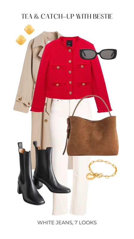 Trench coat jacket white denim jeans red cardigan brown handbag black Chelsea boots 

#LTKitbag #LTKshoecrush #LTKstyletip