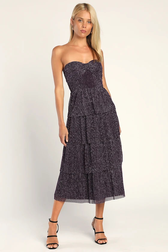 Tier to Dance Purple Shiny Lurex Tiered Strapless Midi Dress | Lulus (US)